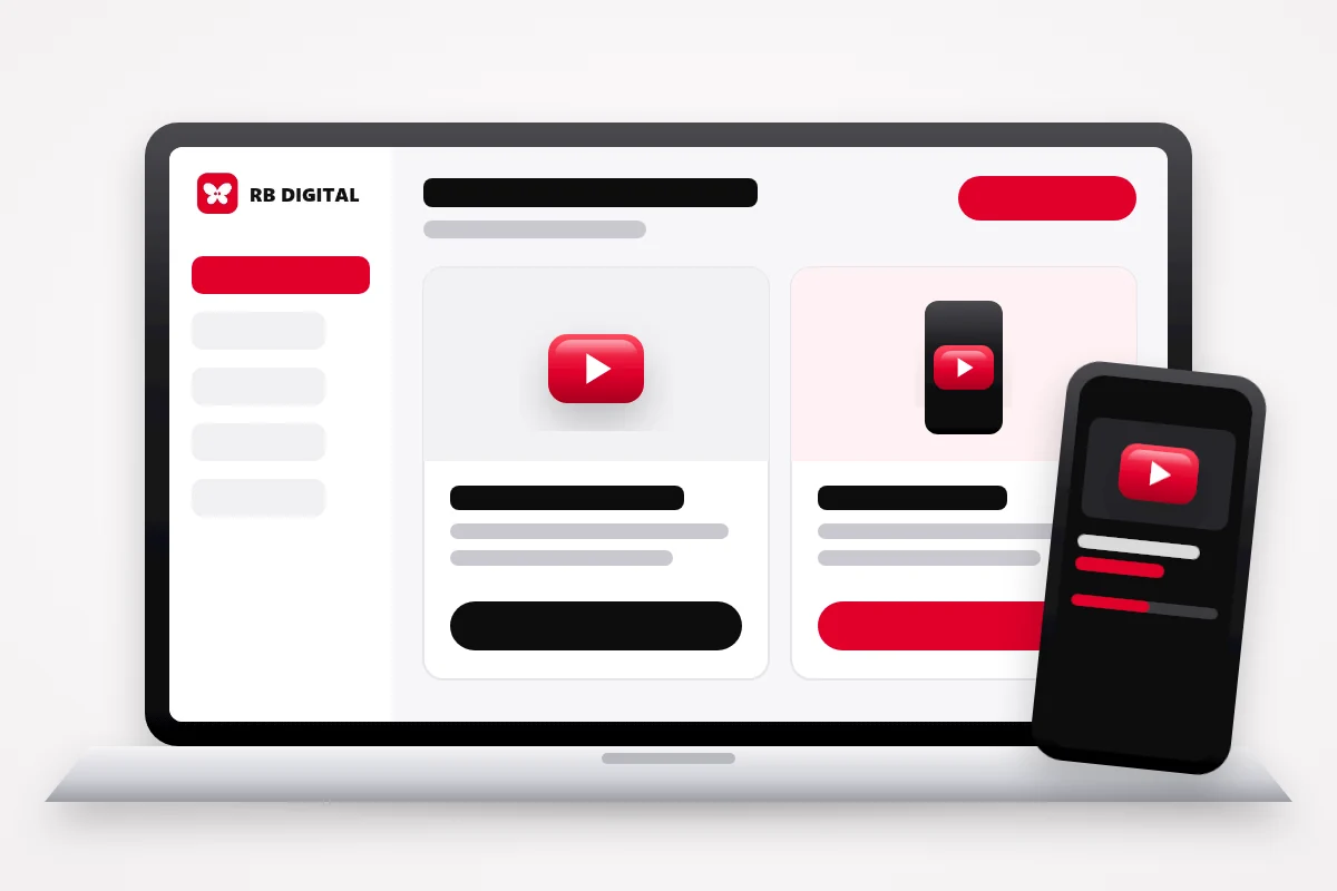 Paparan portal RB Digital di laptop dan telefon dengan kad kursus video